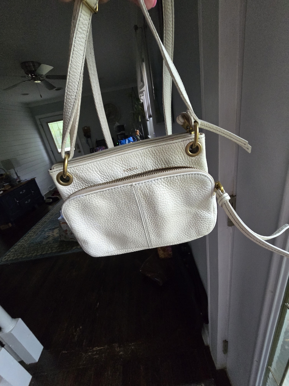 Fossil Cream Pebbled Leather Crossbody with Front Zip Pocket